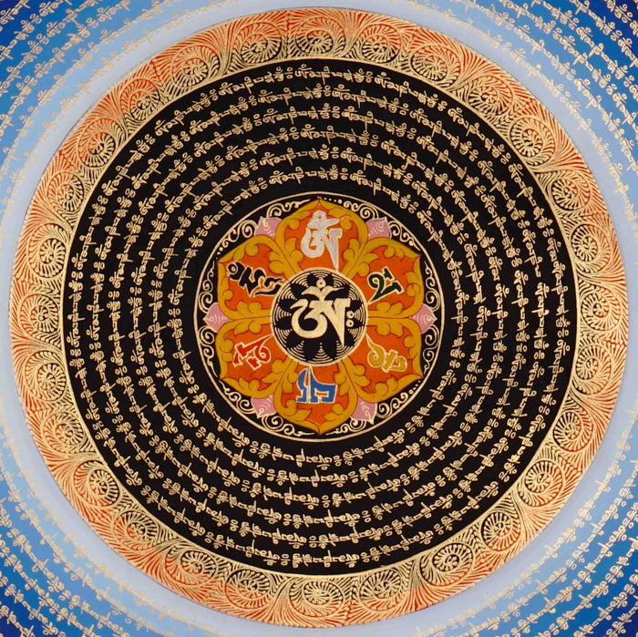 Om Lotus Mantra Mandala Thangka with Aum symbol and radiating Tibetan mantra script from Nepal