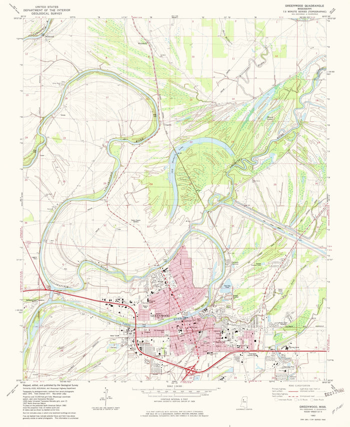 Map of Greenwood, Mississippi by USGS, 1982 – Yazoo River & Mississippi Delta
