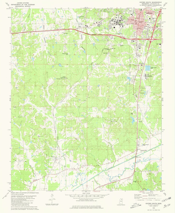 Map of Oxford, Mississippi by USGS, 1980 – Taylor, Water Valley & Sardis Lake