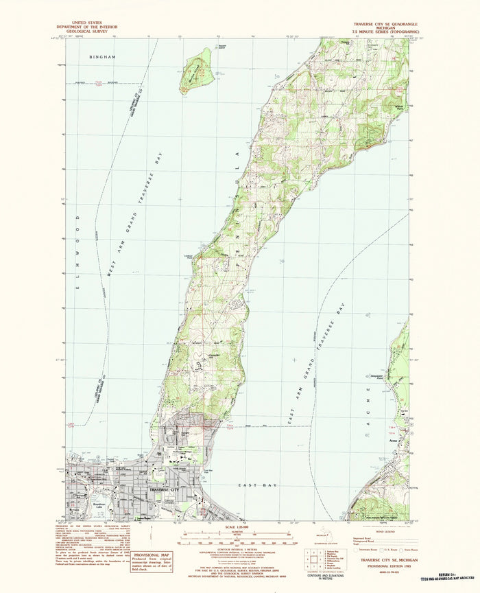 Map of Traverse City, Michigan by USGS, 1983 – East Bay, West Bay & Leelanau Peninsula