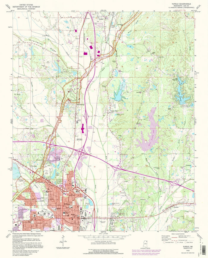 Map of Tupelo, Mississippi by USGS, 1992 – Natchez Trace Parkway & US Route 45