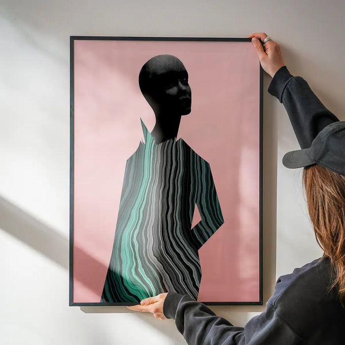 Framed abstract female figure print with marble textures in green, grey, and black on a pink background.