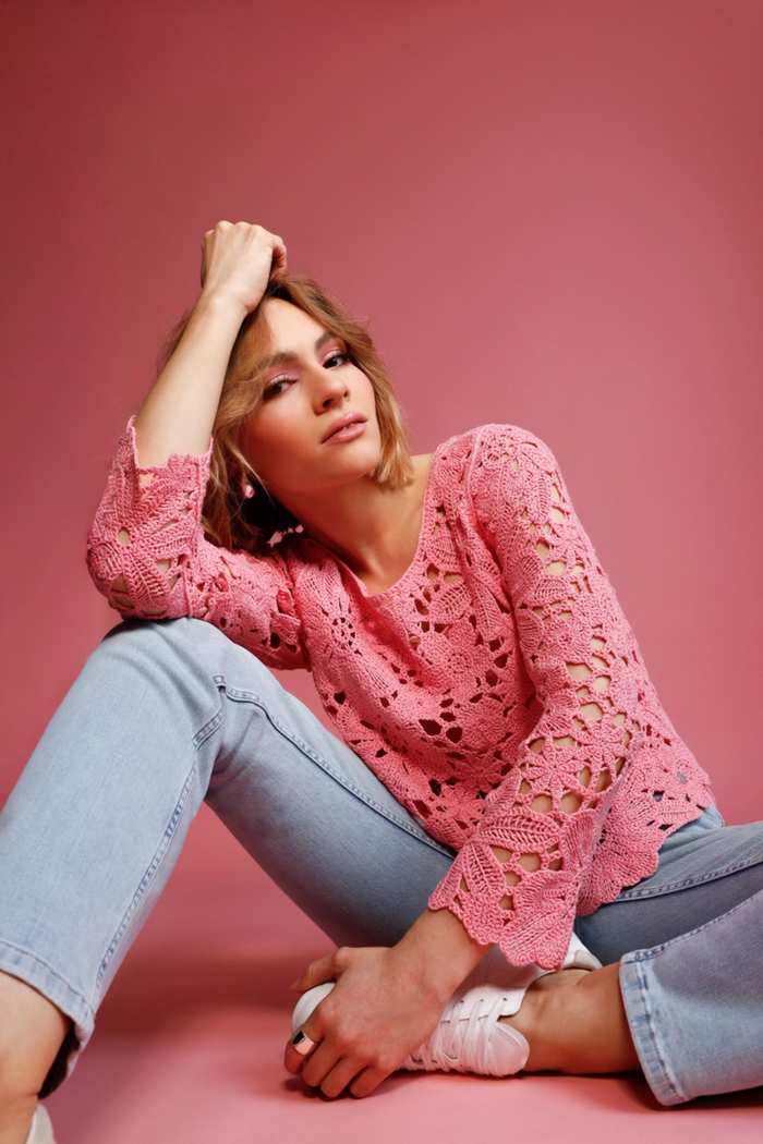 Monari 410237 Cornelly Crochet Jumper Spring Flower in pink worn by model, shop Monari at Dotique for stylish looks