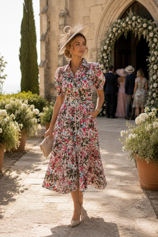 Model wearing the New Day Originals Sydney Dress Botanical with puff sleeves and floral print, styled with a hat and clutch, shop New Day Originals at Dotique.