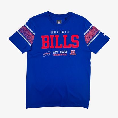 A royal blue short-sleeve t-shirt with Buffalo Bills graphics, featuring 'BUFFALO BILLS' in red and white on the front, and distressed red and white sleeve stripes.