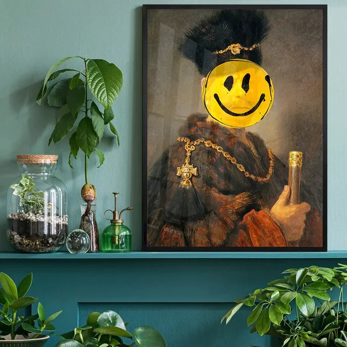 Nobleman Smiley Painting Print: Classic portrait with a yellow acid smiley face, framed on a teal shelf.