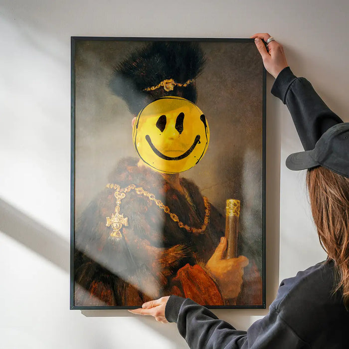 Framed Nobleman Smiley Painting Print: classic portrait with a yellow acid smiley face.