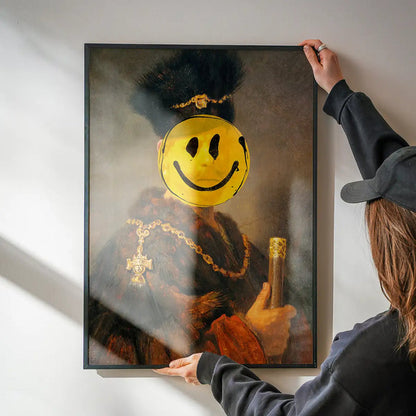 Framed Nobleman Smiley Painting Print: classic portrait with a yellow acid smiley face.