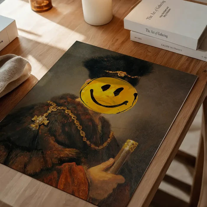 Nobleman painting print with a yellow acid smiley face overprinted on a dark, fur-clad figure.