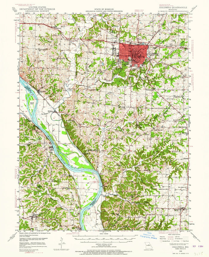 Old Map of Columbia, Missouri by USGS, 1948 – Missouri River, Rock Bridge & Perche Creek