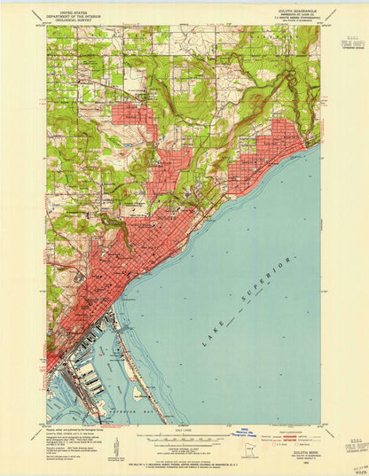 Old Map of Duluth, Minnesota by USGS, 1953 – Lake Superior, Superior Bay & St. Louis River