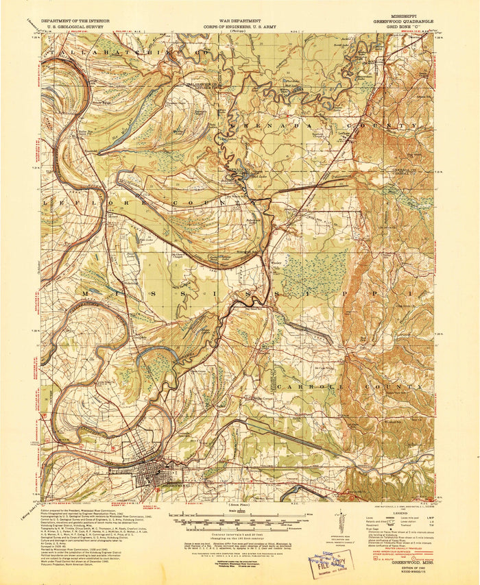Old Map of Greenwood, Mississippi by USGS, 1940 – Yazoo & Tallahatchie Rivers, Mississippi Delta