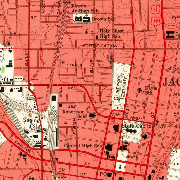 Old Map of Jackson, Mississippi by USGS, 1963 – Pearl River, Byram & LeFleur's Bluff