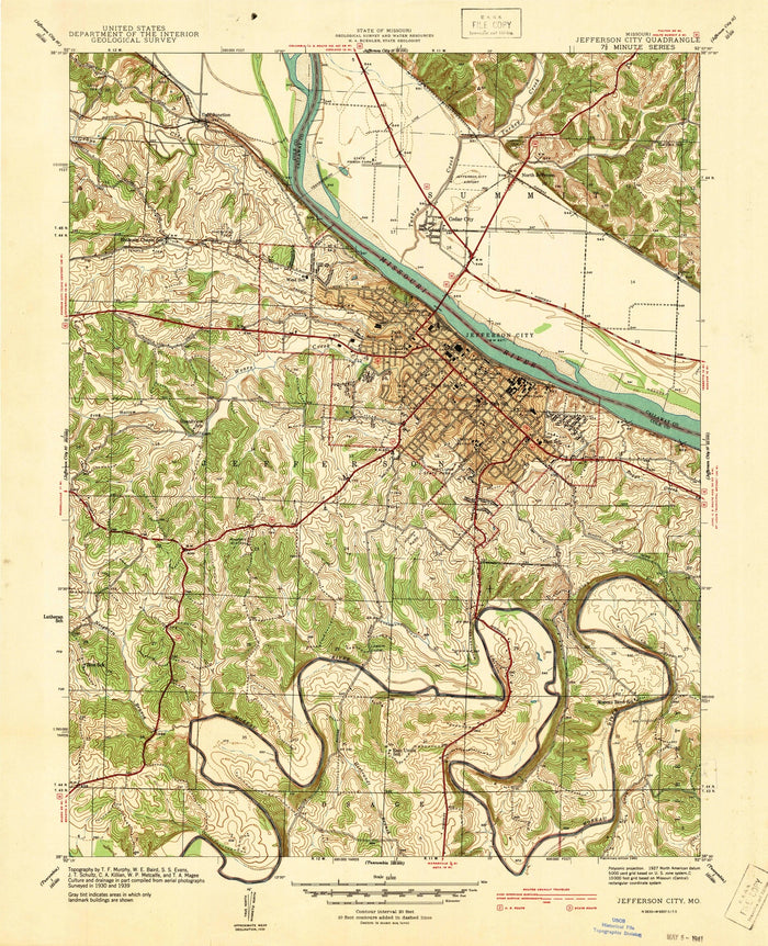 Old Map of Jefferson City, Missouri by USGS, 1939 – Missouri River, Cedar City & State Capitol