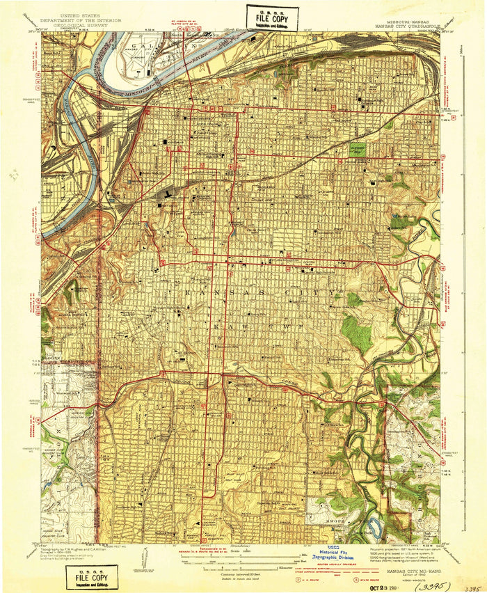 Old Map of Kansas City, Missouri by USGS, 1940 – Missouri River, Kansas River & Westport