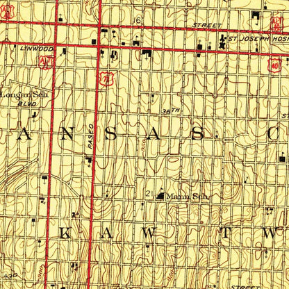 Old Map of Kansas City, Missouri by USGS, 1940 – Missouri River, Kansas River & Westport