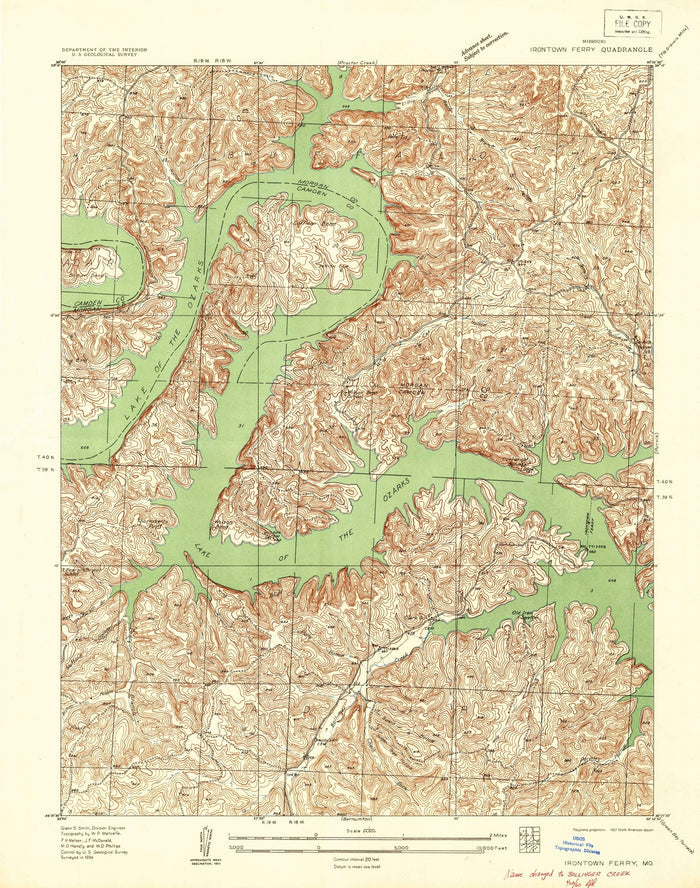 Old Map of Lake of the Ozarks, Missouri by USGS, 1934 – Bagnell Dam & Osage Beach