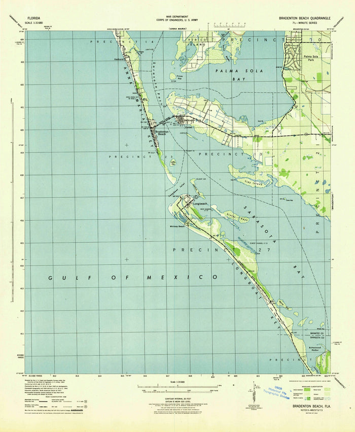 Old Map of Longboat Key, Florida by USGS, 1944 – Bradenton Beach, Sarasota Bay & Palma Sola Bay