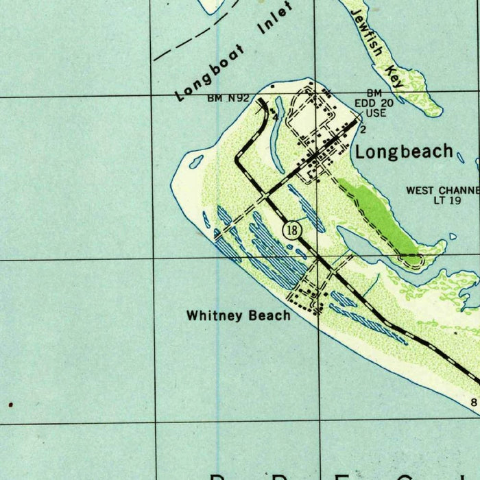 Old Map of Longboat Key, Florida by USGS, 1944 – Bradenton Beach, Sarasota Bay & Palma Sola Bay