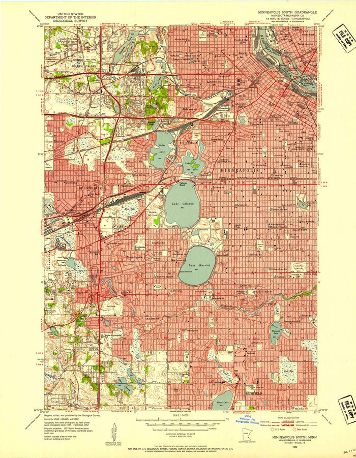 Old Map of Minneapolis, Minnesota by USGS, 1952 – Edina, Lake Calhoun & Lake Harriet