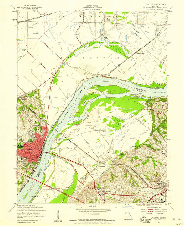 Old Map of St. Charles, Missouri by USGS, 1954 – Missouri River & Historic Downtown