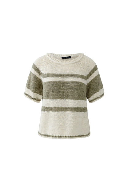 Oui 97251 Stripe Short Sleeve Knit White Green by Oui in soft striped knit, shop Oui at Dotique for casual comfort and style