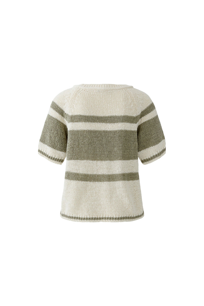 Back view of Oui 97251 Stripe Short Sleeve Knit White Green by Oui, shop Oui at Dotique for relaxed knitwear style.