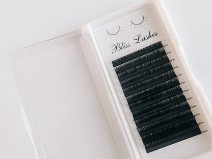 Open tray of Bliss Lashes mixed-length volume lash extensions