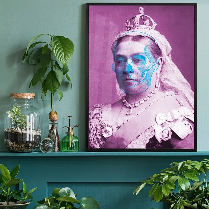 Queen Victoria skull colour print, urban art style, purple and blue tones, framed on a teal shelf.