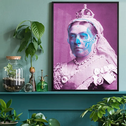 Queen Victoria skull colour print, urban art style, purple and blue tones, framed on a teal shelf.