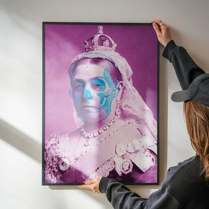 Framed Queen Victoria skull colour print with vibrant purple and blue urban art style.