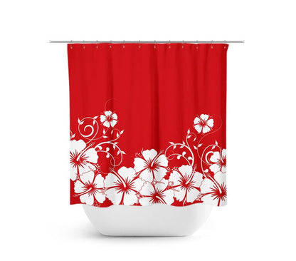 A red shower curtain with a white floral pattern, featuring a vine design. Floral and vines are on the bottom 60 percent of the shower curtain. The top portion is solid red.