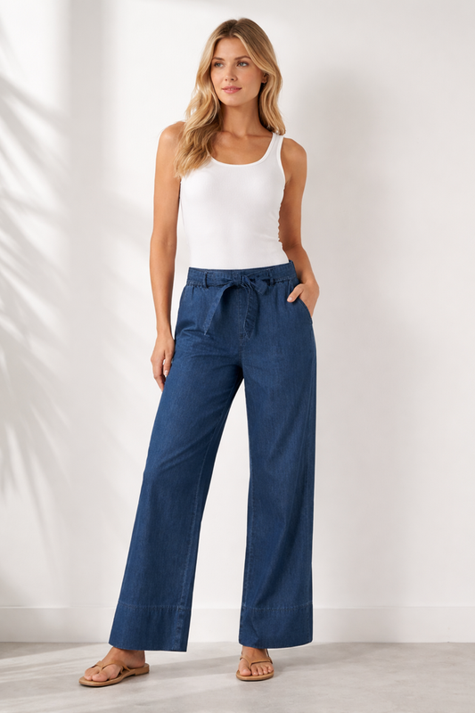Model wearing Red Button SRB4925 Conny Palazzo Denim Rinse Jeans L27 by Red Button, shop Red Button at Dotique.