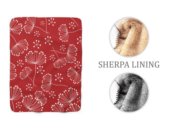 A red and white dandelion patterned sherpa fleece blanket, with a close-up inset showing the texture.
