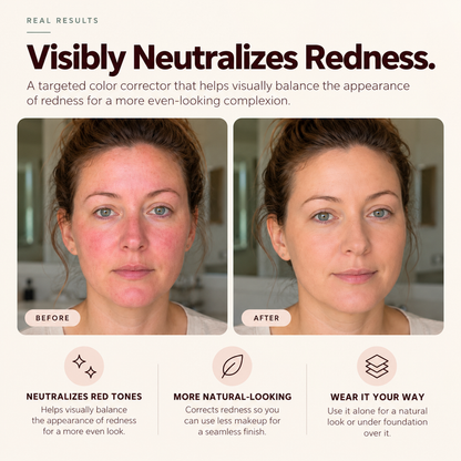 Before and after showing the appearance of facial redness before and after applying Omiana Redness Concealer Cream.