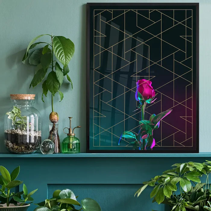 Rose print on archival paper with gold geometric lines and a vibrant pink rose.