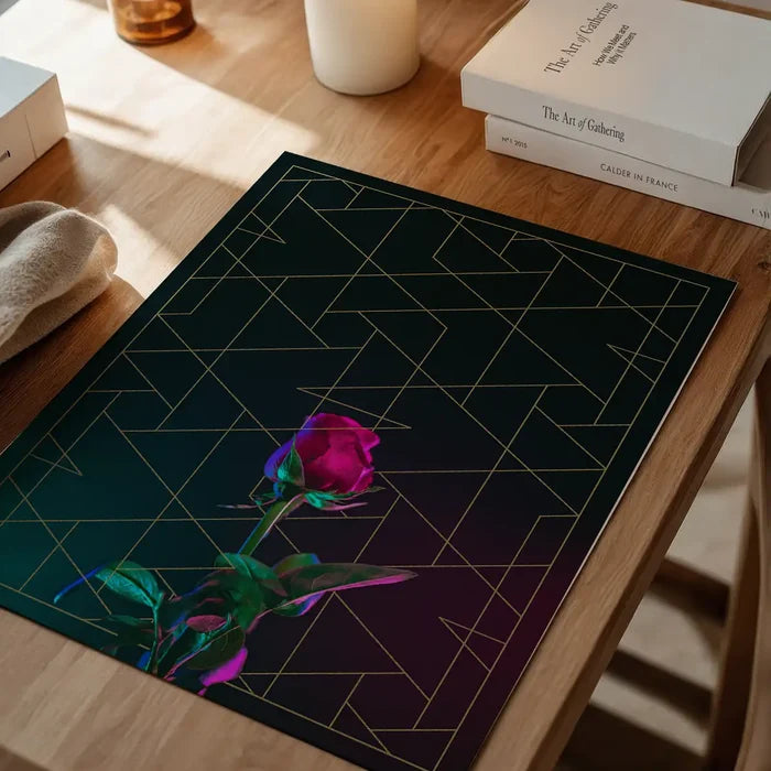 Striking rose print on archival art paper with gold geometric lines, blending photography and graphics.