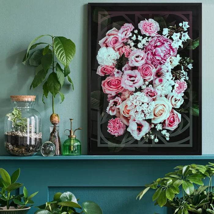 Framed Roses Geometric Print featuring pink and white flowers with bold geometric lines on dark background.