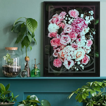 Framed Roses Geometric Print featuring pink and white flowers with bold geometric lines on dark background.