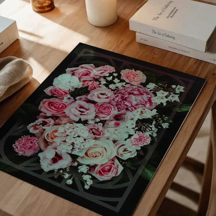 Roses Geometric Print: Pink and white roses bouquet on dark background with sharp geometric lines.