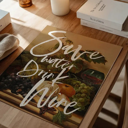 Gold-toned art print with "Save Water Drink Wine" in white script over a still life of grapes and wine.