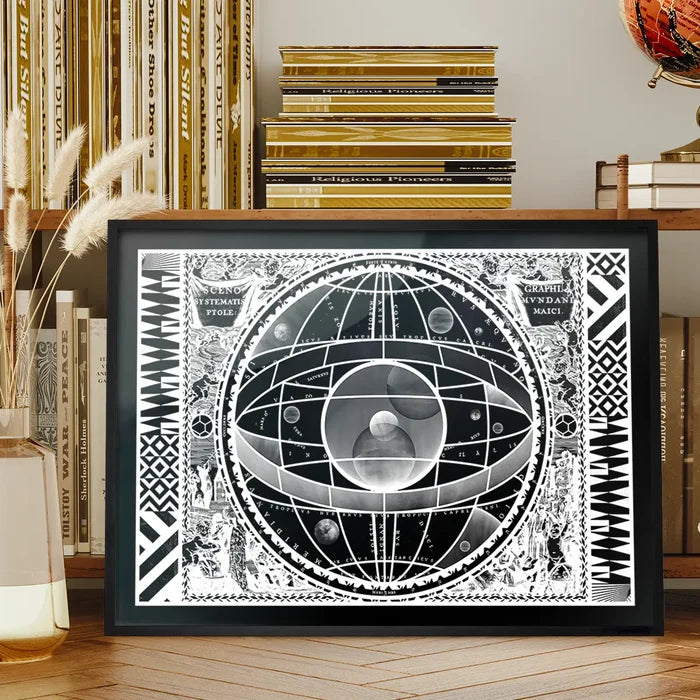 Black and white Sceno Systematis Astrology print in a black frame, featuring a vintage-style graphic globe.