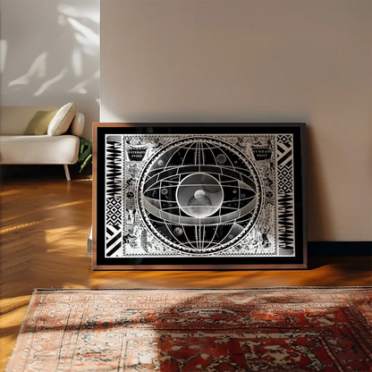 Black and white Sceno Systematis Astrology print in a dark frame, vintage graphic style.