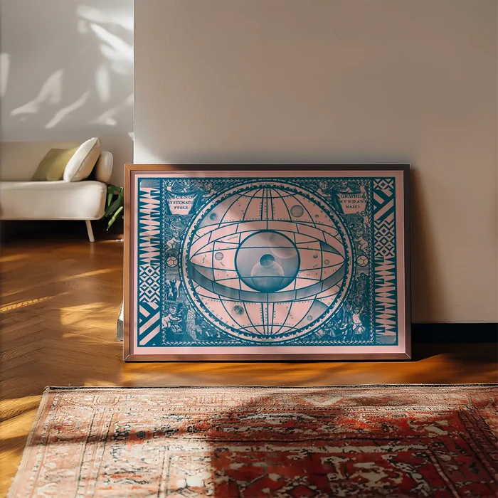 Pink and teal vintage-style astrology print in a brown frame, leaning on a wall above a patterned rug.