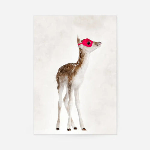 Watercolor print of a fawn wearing a red superhero mask, looking up, on a soft white background.