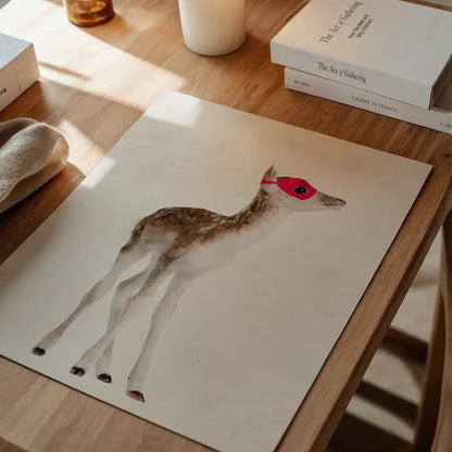 Watercolor fawn hero print with a red mask on a wooden table.
