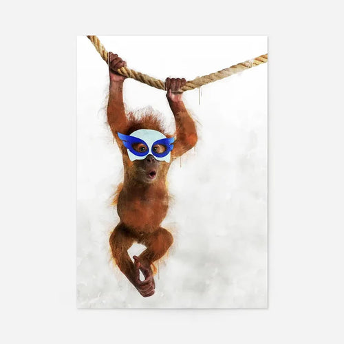 Watercolor art print of a cute orangutan superhero in a blue mask swinging on a rope.
