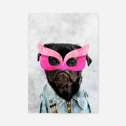Watercolor art print of a black pug superhero in a pink mask and denim jacket.