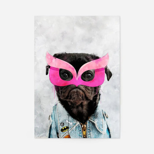 Watercolor art print of a black pug superhero in a pink mask and denim jacket.