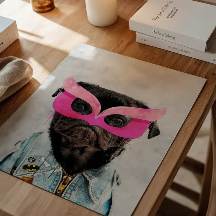 Watercolor art print of a black pug superhero in a pink mask and denim jacket.